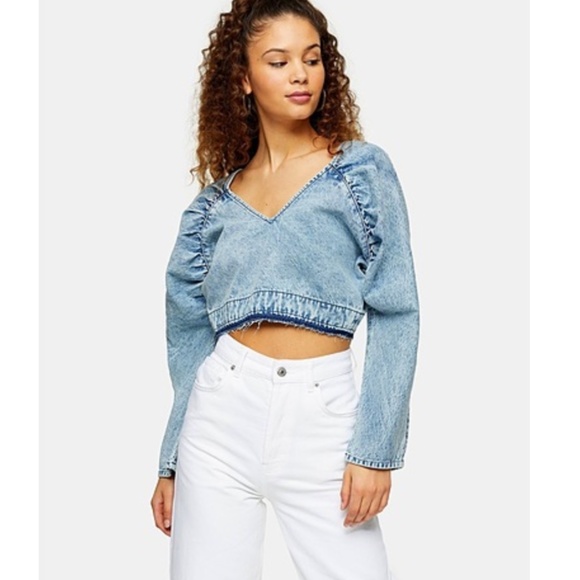 Topshop Tops - Topshop Acid Wash Denim Batwing Zip Back Crop Top